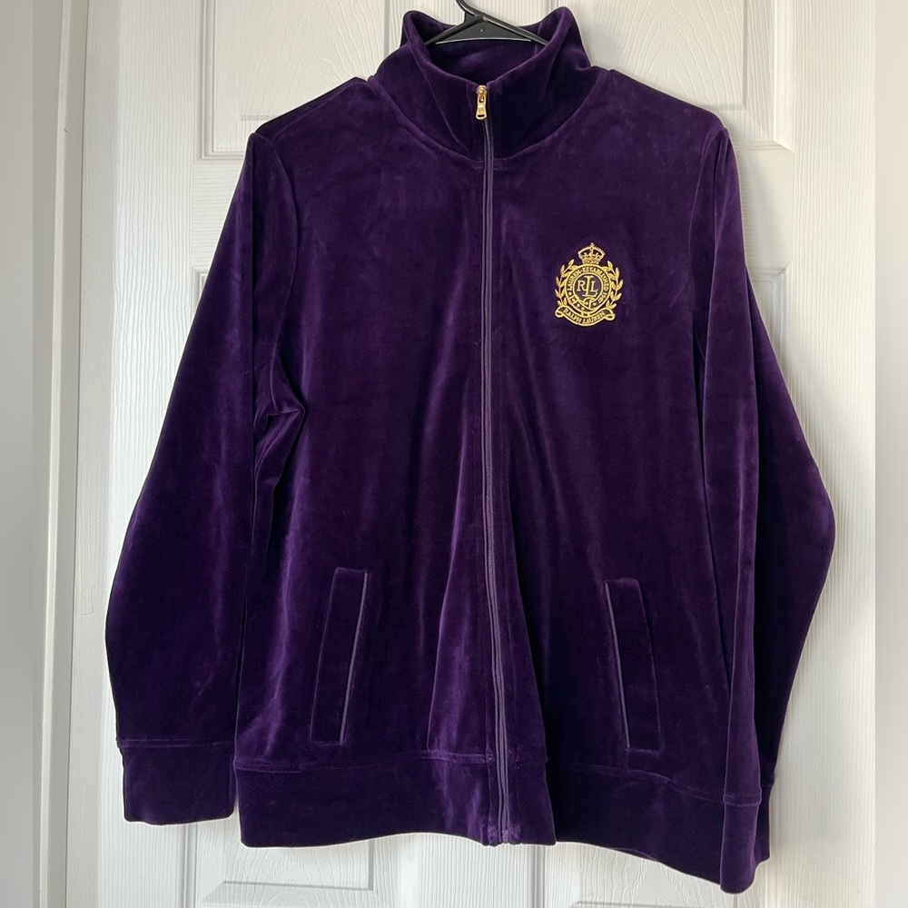 Lauren Ralph Lauren Embroidered Crest Purple Velour Zip sweater jacket size 1X